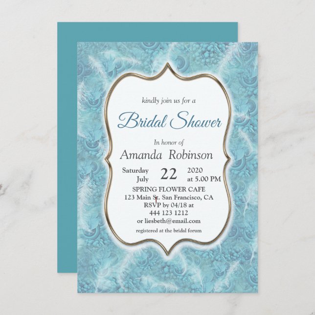 Mix Blue Pattern, Feathers &  Gold frame Invitation (Front/Back)