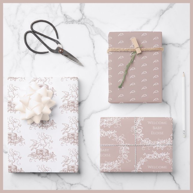 Mix Match Birds Nest Custom Name Pink Baby Shower Wrapping Paper Sheets (Creator Uploaded)
