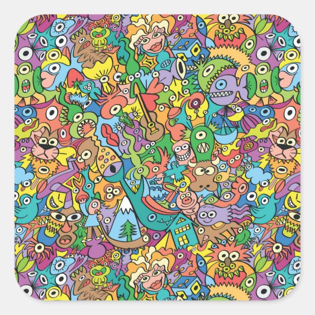 Mix of funny doodles in a playful carnival pattern square sticker (Front)
