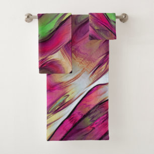 Mix of opaque and chrome green and burgundy spots bath towel set