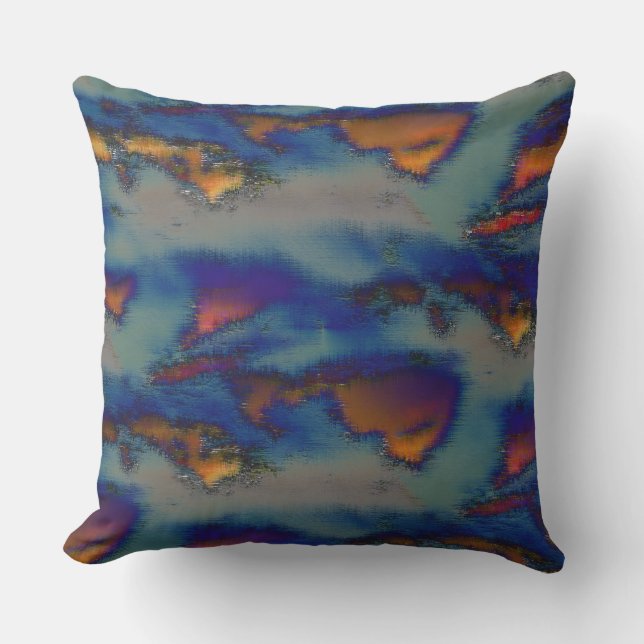 Mix of orange & blue stained with scratched effect throw pillow (Front)