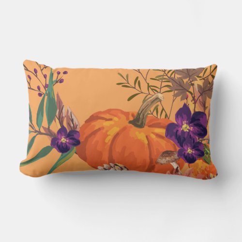 Mix of Pumpkins Fall Leaves and Flowers Lumbar Pillow