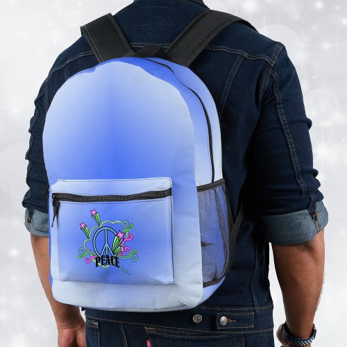 Mix of Shades of Blue Peace Sign Scrolls Stars Printed Backpack