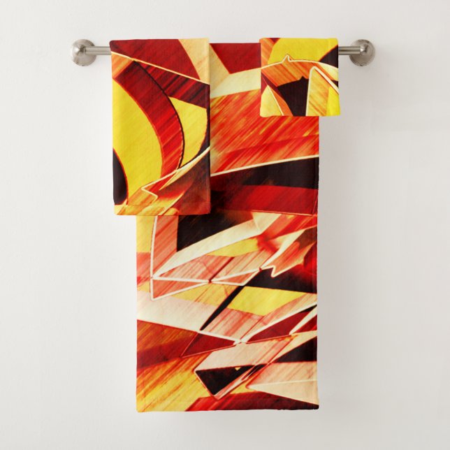 Mix of yellowing with dark red, strong streaked bath towel set (Insitu)