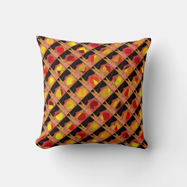 Mix repeat geometric, black, salmon red and yellow throw pillow (Front)