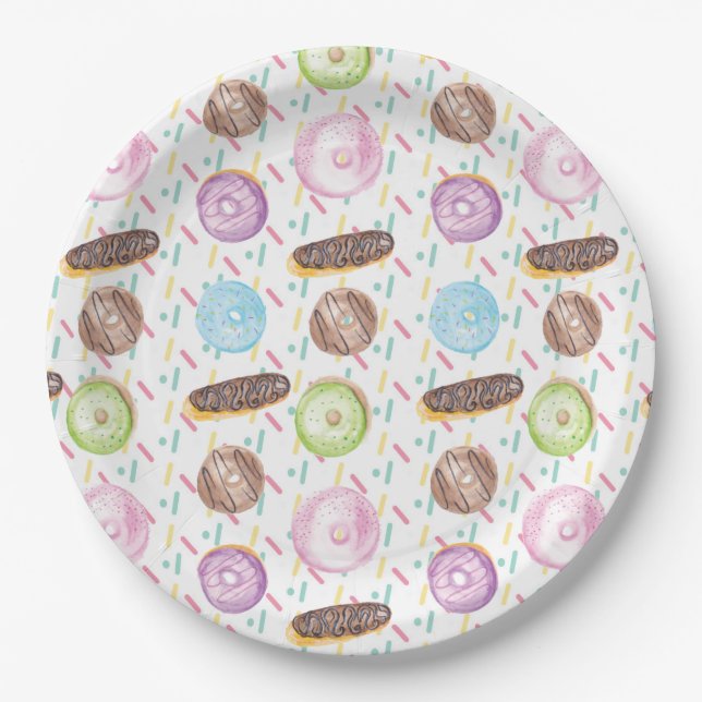 Mix Watercolor Frosted Donut and Sprinkles Paper Plates (Front)