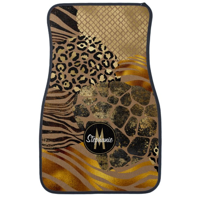 Mixed Animal Print Gold Accents Monogrammed Car Floor Mat (Front)