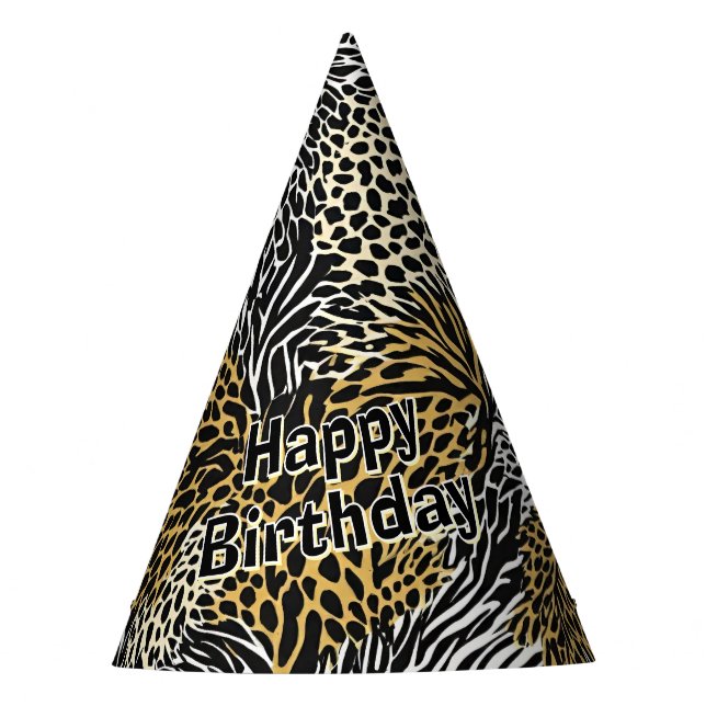 Mixed Animal Print Zebra Leopard Tiger Mixed Print Party Hat (Front)
