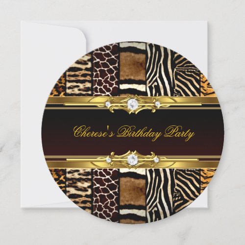 Mixed Animal Prints Birthday Party Gold Black 2 Invitation