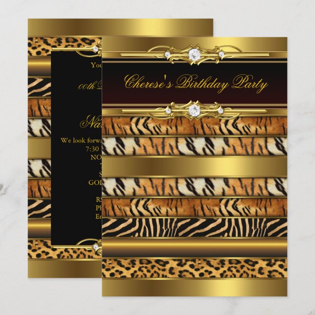 Mixed Animal Prints Birthday Party Gold Black 3 Invitation (Front/Back)