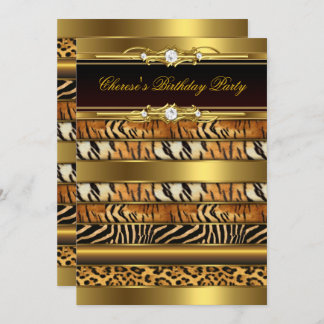 Mixed Animal Prints Birthday Party Gold Black 3 Invitation
