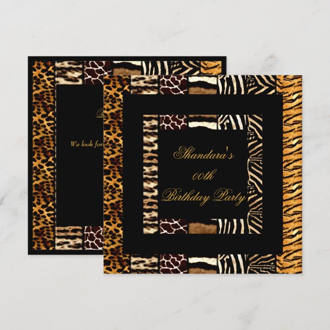 Mixed Animal Prints Gold Black Birthday Party Invitation (Front/Back)