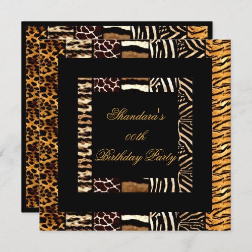 Mixed Animal Prints Gold Black Birthday Party Invitation