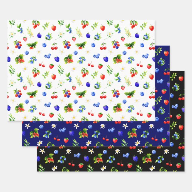 Mixed Berries Pattern Wrapping Paper Sheets (Set)