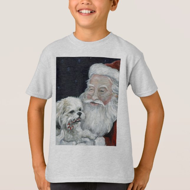 Mixed Bichon Shihtzu & Santa Christmas Art T Shirt (Front)