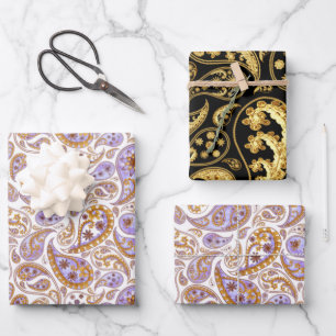 Mixed Black, Gold and Purple Classic Paisley  Wrapping Paper Sheets