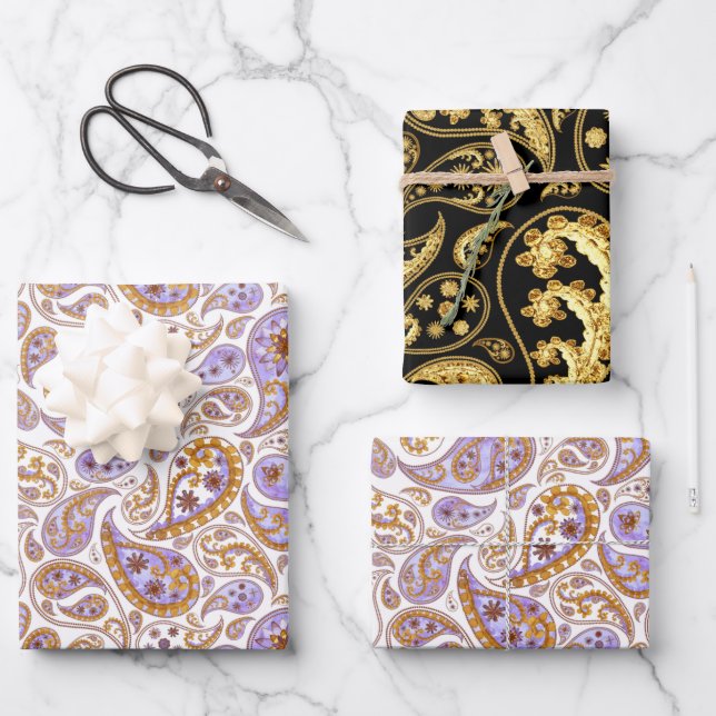 Mixed Black, Gold and Purple Classic Paisley  Wrapping Paper Sheets (Front)