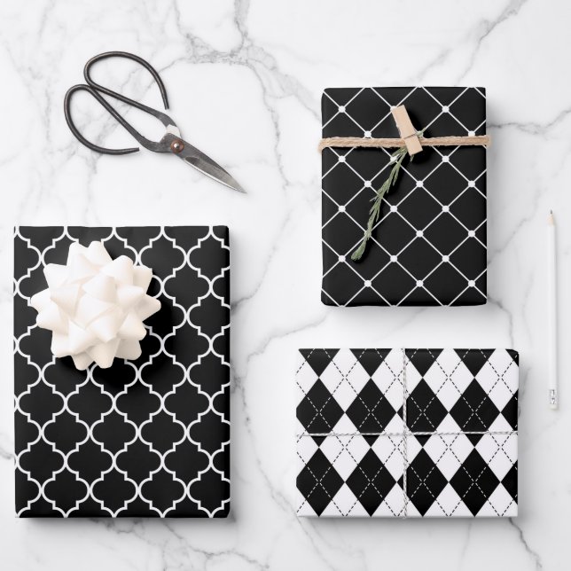 Mixed Black & White Geometric Patterns  Wrapping Paper Sheets (Front)