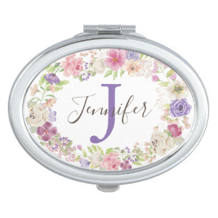 Mixed blooms oval wreath monogram compact mirror