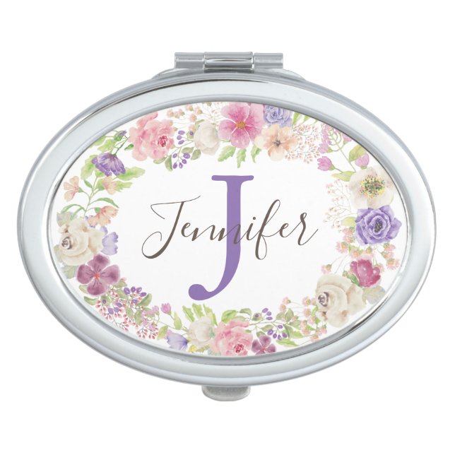 Mixed blooms oval wreath monogram compact mirror (Front)
