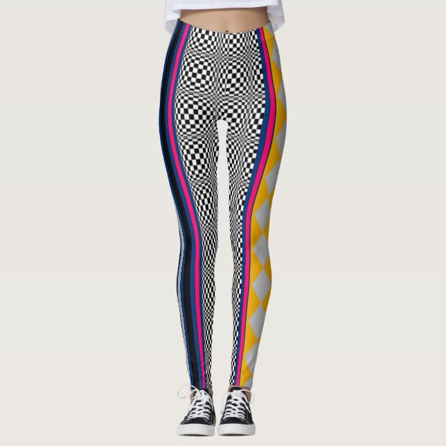Mixed Checkered Argyle Stripes Texture Pattern Leggings (Front)