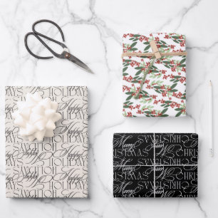 Mixed Christmas Holiday Botanical Script Wrapping Paper Sheets