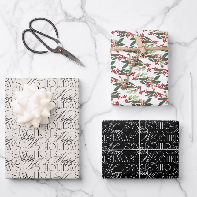 Mixed Christmas Holiday Botanical Script Wrapping Paper Sheets (Front)