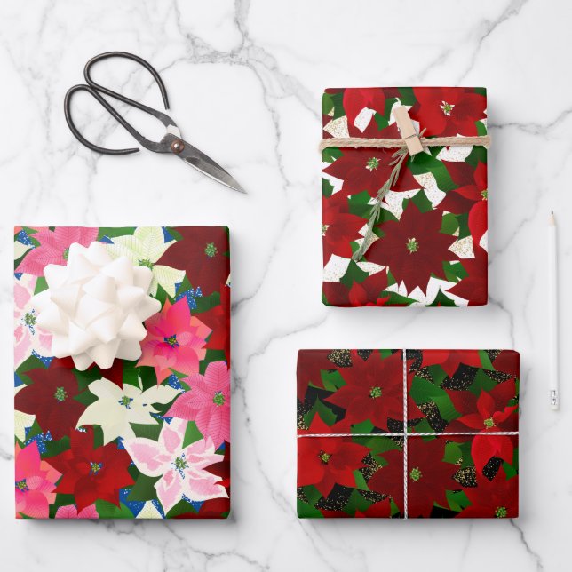 Mixed Christmas Poinsettias Wrapping Paper Sheets (Front)