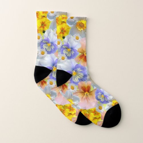 Mixed Color Pansy Flowers and Daffodils Socks