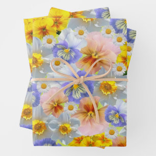 Mixed Color Pansy Flowers and Daffodils Wrapping Paper Sheets