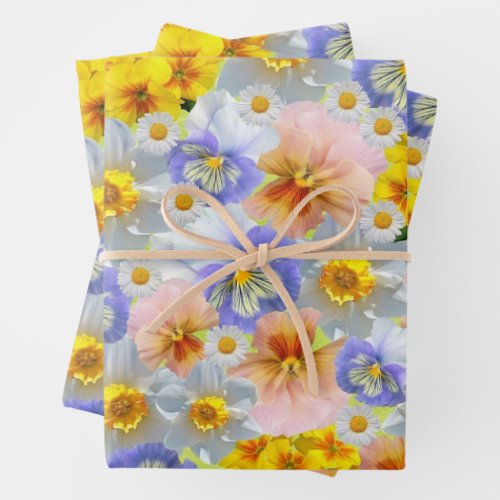 Mixed Color Pansy Flowers and Daffodils Wrapping Paper Sheets