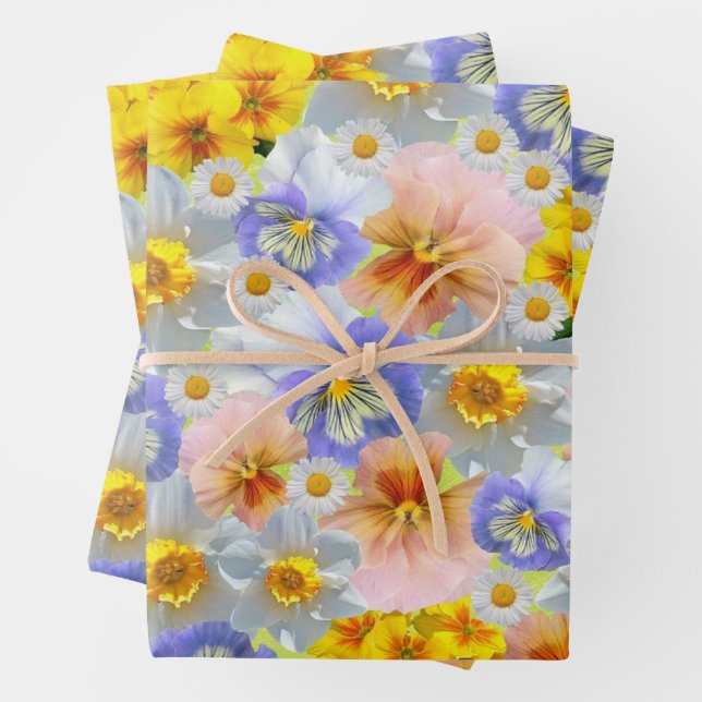 Mixed Color Pansy Flowers and Daffodils Wrapping Paper Sheets (In situ)