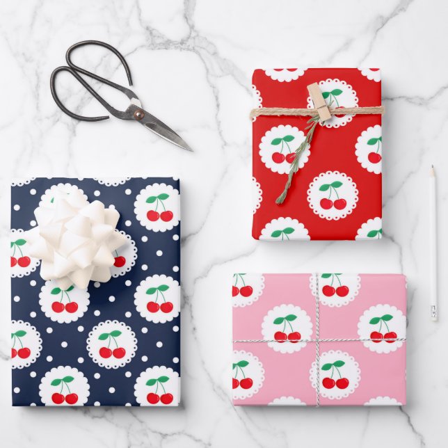 Mixed Cute Summer Red Cherries Wrapping Paper Sheets (Front)