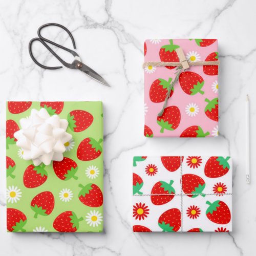 Mixed Cute Summer Strawberries Wrapping Paper Sheets