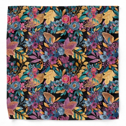 Mixed Fall Floral Leaves Berry Watercolor Pattern Bandana