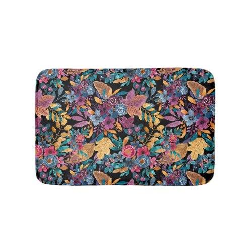 Mixed Fall Floral Leaves Berry Watercolor Pattern Bath Mat