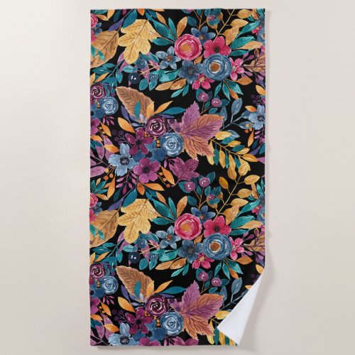 Mixed Fall Floral Leaves Berry Watercolor Pattern Beach Towel