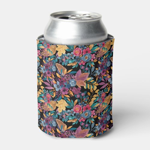 Mixed Fall Floral Leaves Berry Watercolor Pattern Can Cooler