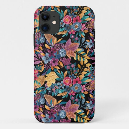 Mixed Fall Floral Leaves Berry Watercolor Pattern iPhone 11 Case
