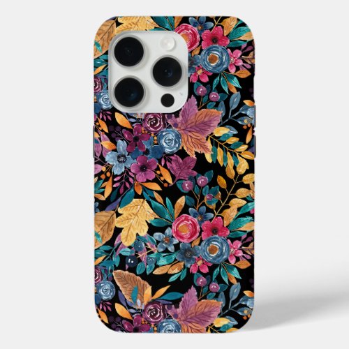 Mixed Fall Floral Leaves Berry Watercolor Pattern iPhone 15 Pro Case