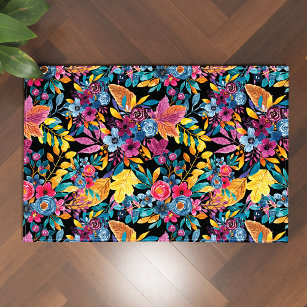 Mixed Fall Floral Leaves Berry Watercolor Pattern Doormat