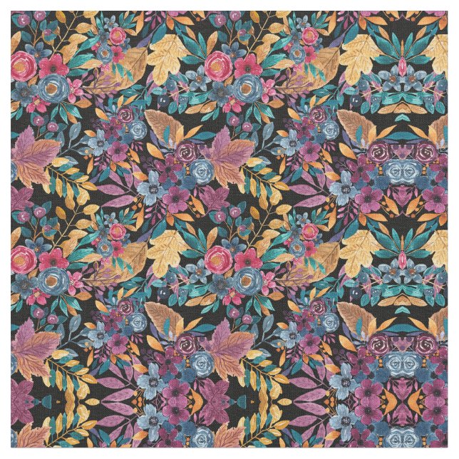 Mixed Fall Floral Leaves Berry Watercolor Pattern Fabric (Close Up)