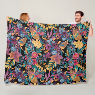 Mixed Fall Floral Leaves Berry Watercolor Pattern Fleece Blanket