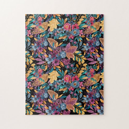 Mixed Fall Floral Leaves Berry Watercolor Pattern Jigsaw Puzzle