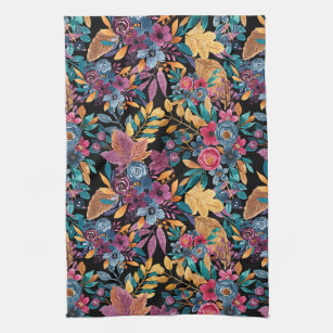 Mixed Fall Floral Leaves Berry Watercolor Pattern Kitchen Towel