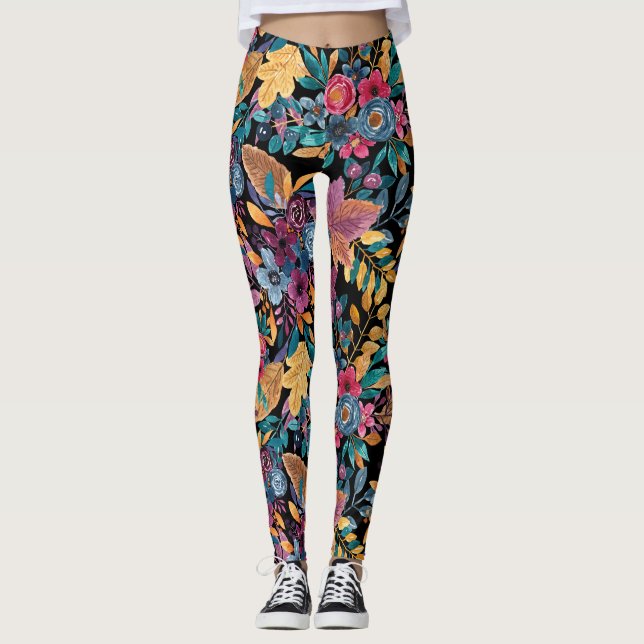 Mixed Fall Floral Leaves Berry Watercolor Pattern Leggings (Front)