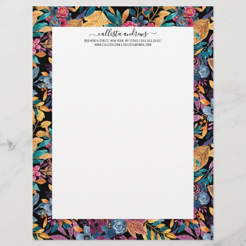 Mixed Fall Floral Leaves Berry Watercolor Pattern Letterhead
