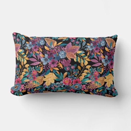 Mixed Fall Floral Leaves Berry Watercolor Pattern Lumbar Pillow