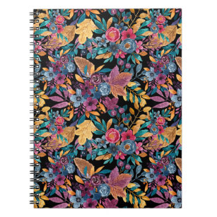 Mixed Fall Floral Leaves Berry Watercolor Pattern Notebook