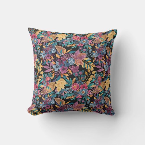 Mixed Fall Floral Leaves Berry Watercolor Pattern Outdoor Pillow
